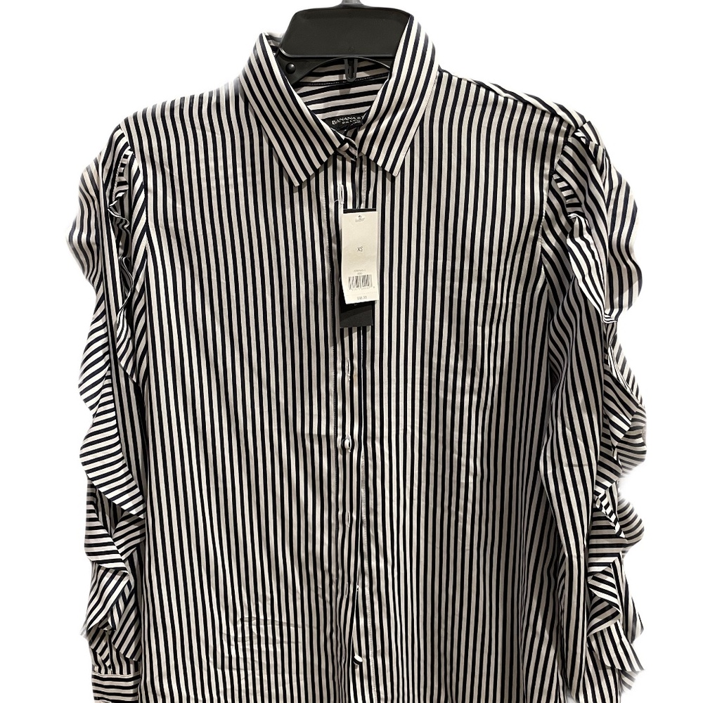 ❤️ BANANA REPUBLIC NAVY & WHITE STRIPED RUFFLE SHIRT TOP SIZE XS